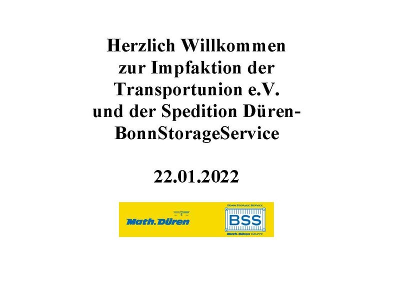 Einladungsschild zur Impfaktion der Transportunion e.V. und der Spedition Düren - Bonn Storage Service