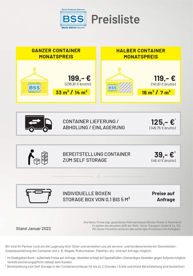Preisliste Bonn Storage Service