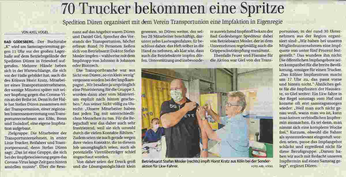 Zeitungsausschnitt: Impfaktion bei Spedition Düren und Bonn Storage Service